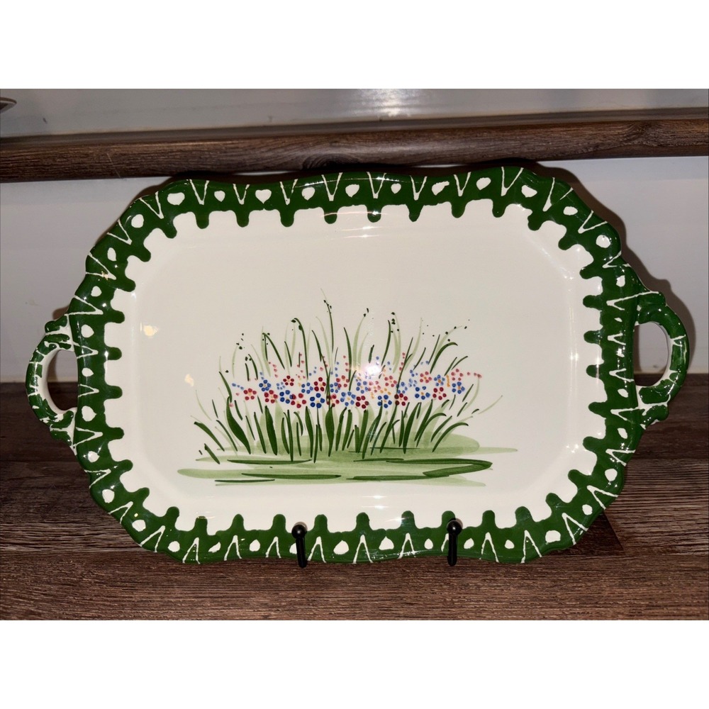 Zanolli Serving Plate Hand Painted Wildflowers Green Border Made in Italy 13x8